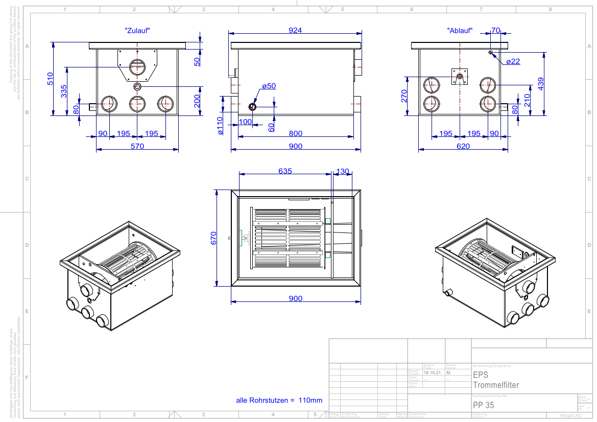 EPS Trommelfilter PP35 + Rinnenspülung + Steuerung + UV-Schutz + Edelstahlsieb in Sandwichbauweise