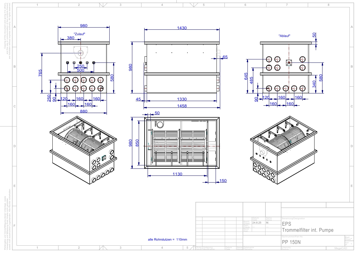 EPS Trommelfilter PP150 + Rinnenspülung + Steuerung + Spülpumpe + UV-Schutz + Edelstahlsieb in Sandwichbauweise