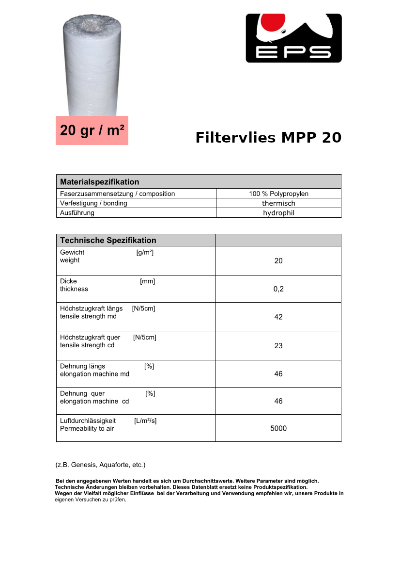 Filtervlies MPP 20 750 mm x 200 m