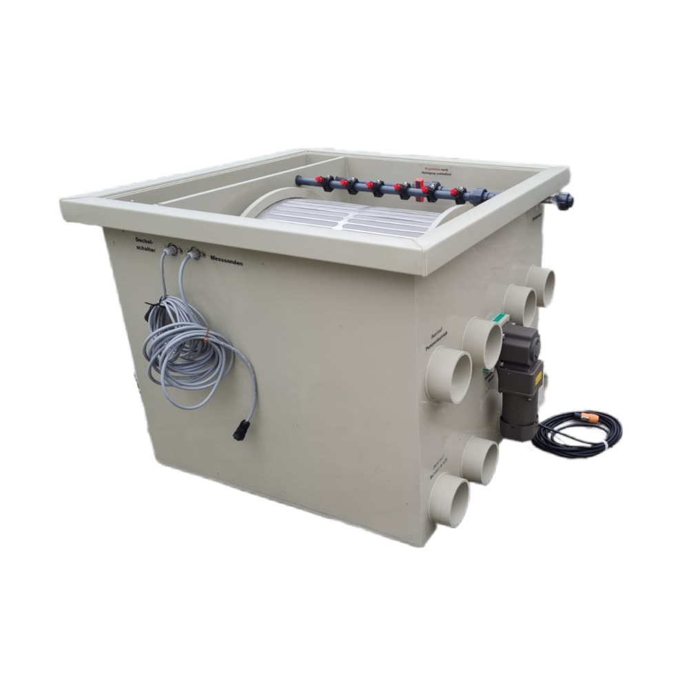 EPS Trommelfilter PP65 + Rinnenspülung + Steuerung + UV-Schutz + Edelstahlsieb in Sandwichbauweise EPS Trommelfilter PP65 + Rinnenspülung + Steuerung + UV-Schutz + Edelstahlsieb in Sandwichbauweise