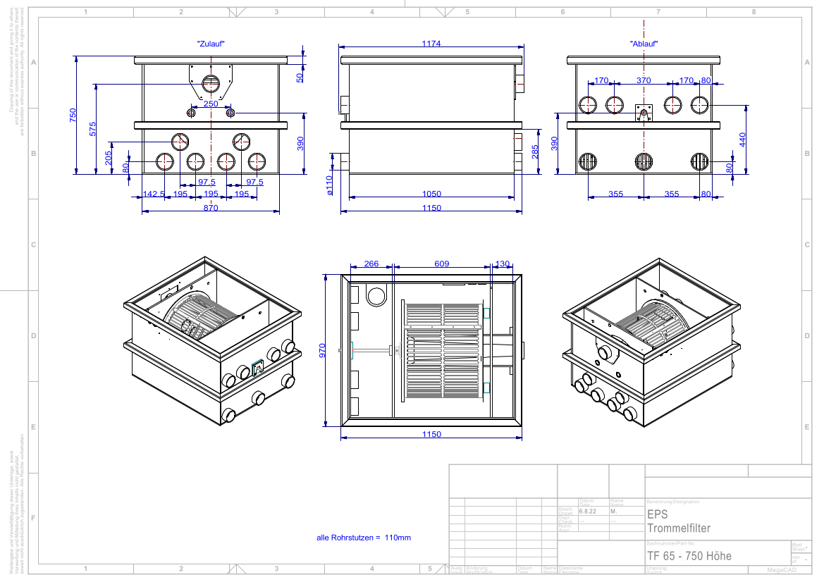EPS Trommelfilter TF65 + integrierte Pumpenkammer + Rinnenspülung + Steuerung + Spülpumpe + UV-Schutz + Edelstahlsieb in Sandwichbauweise