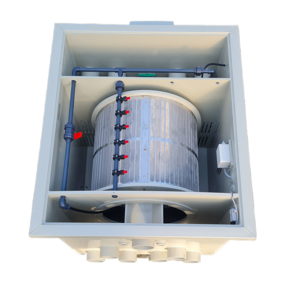 EPS Trommelfilter TF65 + integrierte Pumpenkammer + Rinnenspülung + Steuerung + Spülpumpe + UV-Schutz + Edelstahlsieb in Sandwichbauweise
