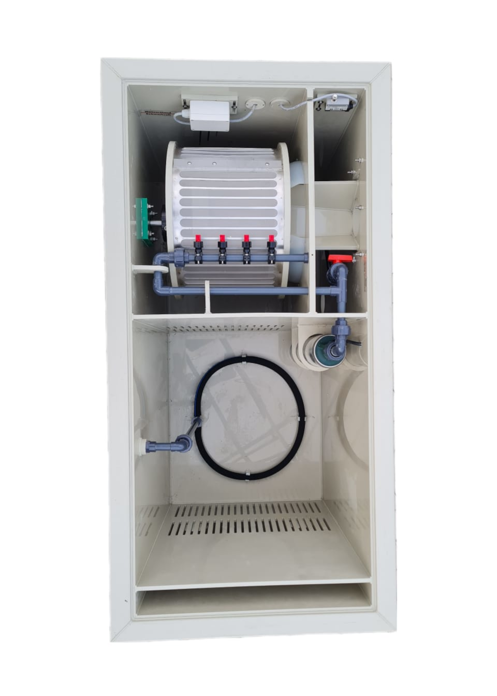 EPS Combi-Trommelfilter CL25 Quer + integrierte Biokammer + Rinnenspülung + Steuerung + Spülpumpe + UV-Schutz + Edelstahlsieb in Sandwichbauweise EPS Combi-Trommelfilter CL25 Quer + integrierte Biokammer + Rinnenspülung + Steuerung + Spülpumpe + UV-Schutz + Edelstahlsieb in Sandwichbauweise