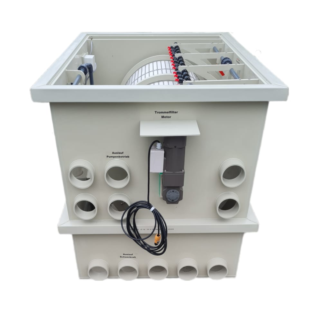 EPS Trommelfilter PP150 + Rinnenspülung + Steuerung + Spülpumpe + UV-Schutz + Edelstahlsieb in Sandwichbauweise EPS Trommelfilter PP150 + Rinnenspülung + Steuerung + Spülpumpe + UV-Schutz + Edelstahlsieb in Sandwichbauweise