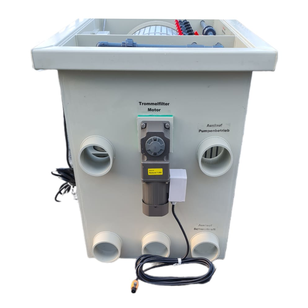 EPS Trommelfilter TF35 + integrierte Pumpenkammer + Rinnenspülung + Steuerung + Spülpumpe + UV-Schutz + Edelstahlsieb in Sandwichbauweise EPS Trommelfilter TF35 + integrierte Pumpenkammer + Rinnenspülung + Steuerung + Spülpumpe + UV-Schutz + Edelstahlsieb in Sandwichbauweise