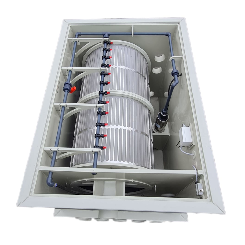 EPS Trommelfilter PP150 + Rinnenspülung + Steuerung + Spülpumpe + UV-Schutz + Edelstahlsieb in Sandwichbauweise