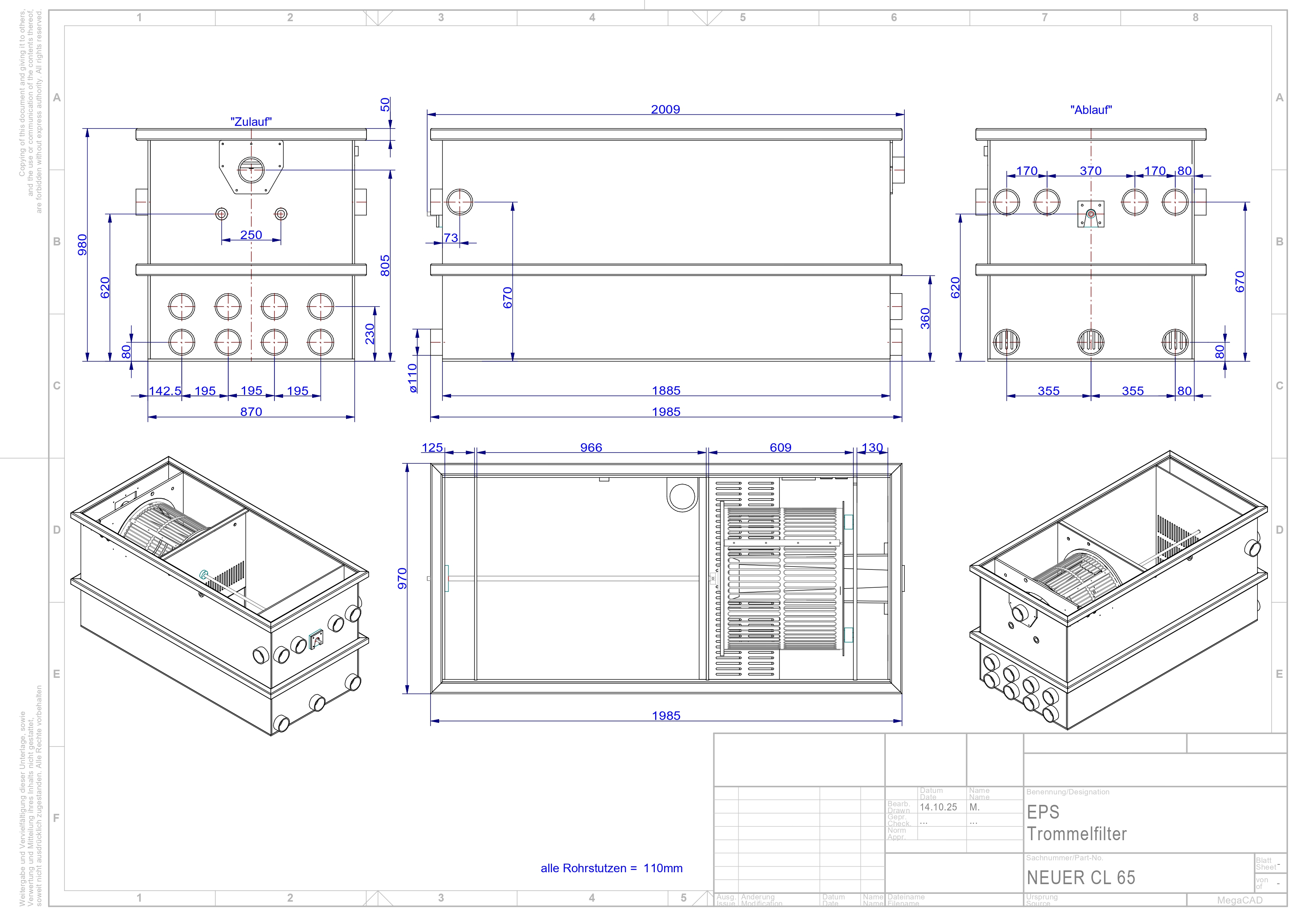 EPS Combi-Trommelfilter CL80 + integrierte Biokammer + Rinnenspülung + Steuerung + Spülpumpe + UV-Schutz + Edelstahlsieb in Sandwichbauweise