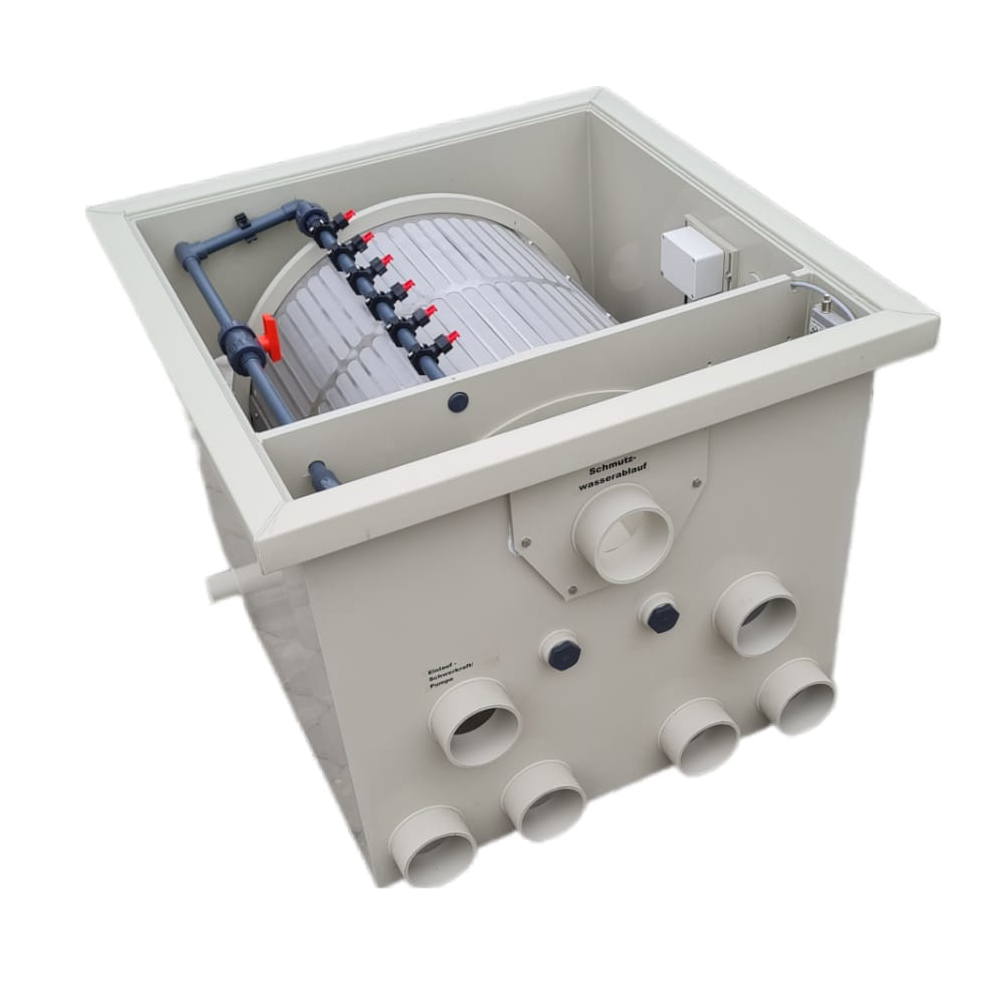 EPS Trommelfilter PP65 + Rinnenspülung + Steuerung + UV-Schutz + Edelstahlsieb in Sandwichbauweise EPS Trommelfilter PP65 + Rinnenspülung + Steuerung + UV-Schutz + Edelstahlsieb in Sandwichbauweise