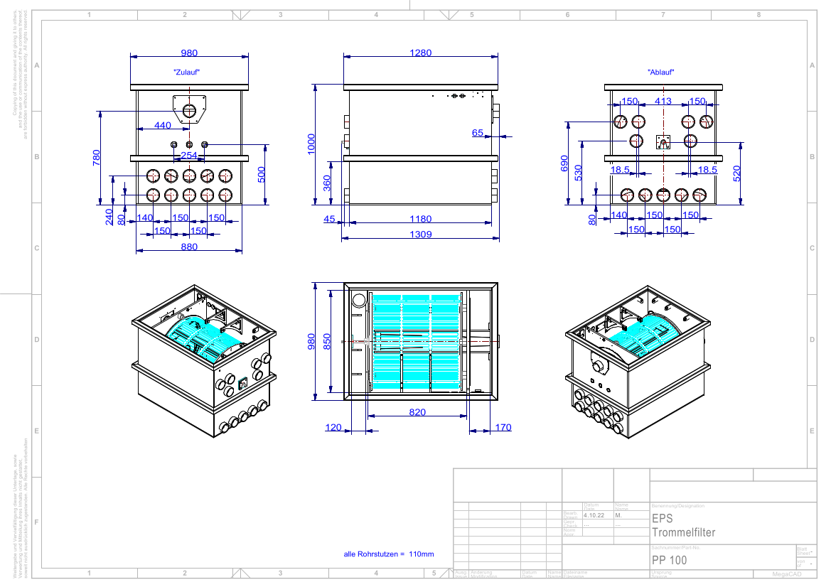 EPS Trommelfilter PP100 + Rinnenspülung + Steuerung + Spülpumpe + UV-Schutz + Edelstahlsieb in Sandwichbauweise EPS Trommelfilter PP100 + Rinnenspülung + Steuerung + Spülpumpe + UV-Schutz + Edelstahlsieb in Sandwichbauweise