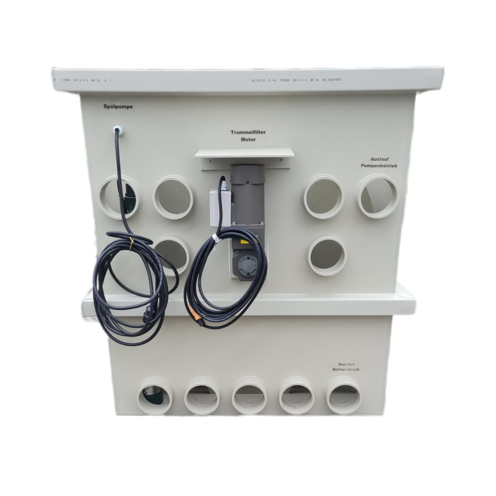 EPS Trommelfilter PP100 + Rinnenspülung + Steuerung + Spülpumpe + UV-Schutz + Edelstahlsieb in Sandwichbauweise EPS Trommelfilter PP100 + Rinnenspülung + Steuerung + Spülpumpe + UV-Schutz + Edelstahlsieb in Sandwichbauweise