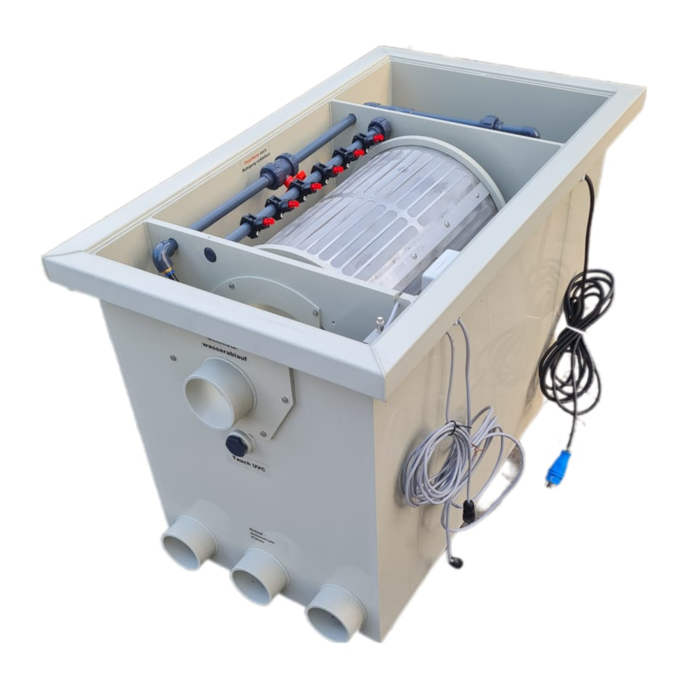 EPS Trommelfilter TF35 + integrierte Pumpenkammer + Rinnenspülung + Steuerung + Spülpumpe + UV-Schutz + Edelstahlsieb in Sandwichbauweise EPS Trommelfilter TF35 + integrierte Pumpenkammer + Rinnenspülung + Steuerung + Spülpumpe + UV-Schutz + Edelstahlsieb in Sandwichbauweise