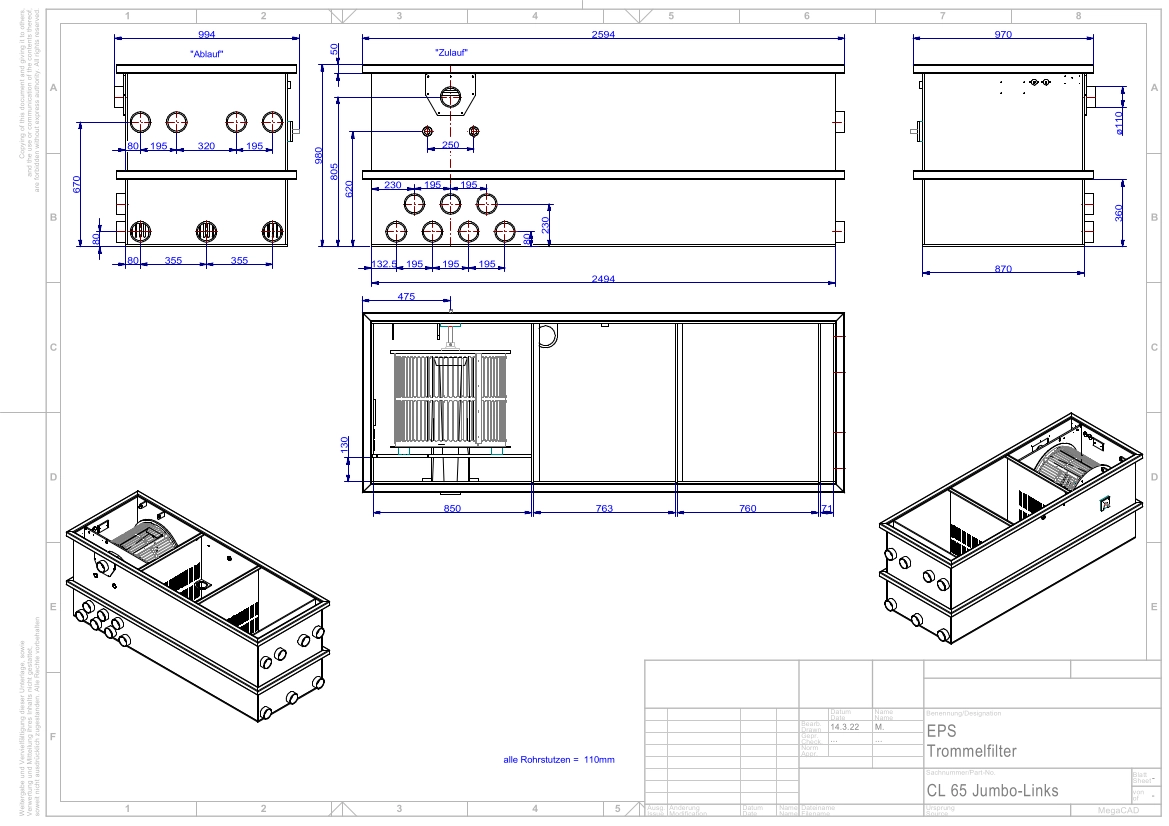 EPS Combi-Trommelfilter CL65 Quer Jumbo + integrierte Biokammer + Rinnenspülung + Steuerung + Spülpumpe + UV-Schutz + Edelstahlsieb in Sandwichbauweise EPS Combi-Trommelfilter CL65 Quer Jumbo + integrierte Biokammer + Rinnenspülung + Steuerung + Spülpumpe + UV-Schutz + Edelstahlsieb in Sandwichbauweise