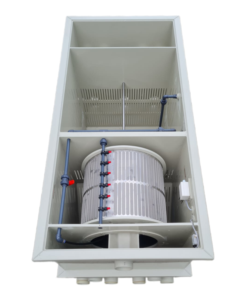 EPS Combi-Trommelfilter CF65 + integrierte Biokammer + integrierte Pumpenkammer + Rinnenspülung + Steuerung + Spülpumpe + UV-Schutz + Edelstahlsieb in Sandwichbauweise