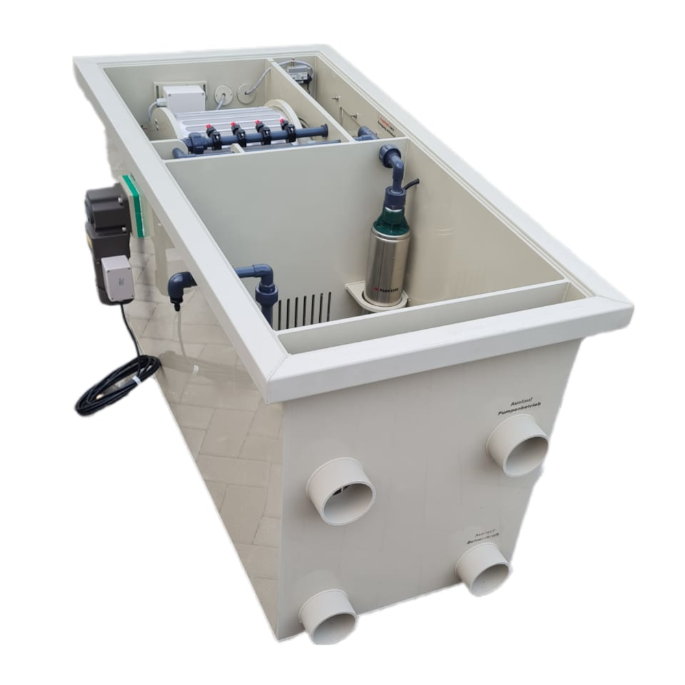 EPS Combi-Trommelfilter CL25 Quer + integrierte Biokammer + Rinnenspülung + Steuerung + Spülpumpe + UV-Schutz + Edelstahlsieb in Sandwichbauweise EPS Combi-Trommelfilter CL25 Quer + integrierte Biokammer + Rinnenspülung + Steuerung + Spülpumpe + UV-Schutz + Edelstahlsieb in Sandwichbauweise