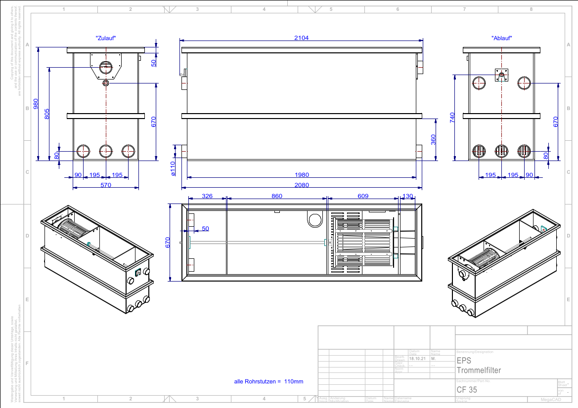 EPS Combi-Trommelfilter CF35 + integrierte Biokammer + integrierte Pumpenkammer + Rinnenspülung + Steuerung + Spülpumpe + UV-Schutz + Edelstahlsieb in Sandwichbauweise