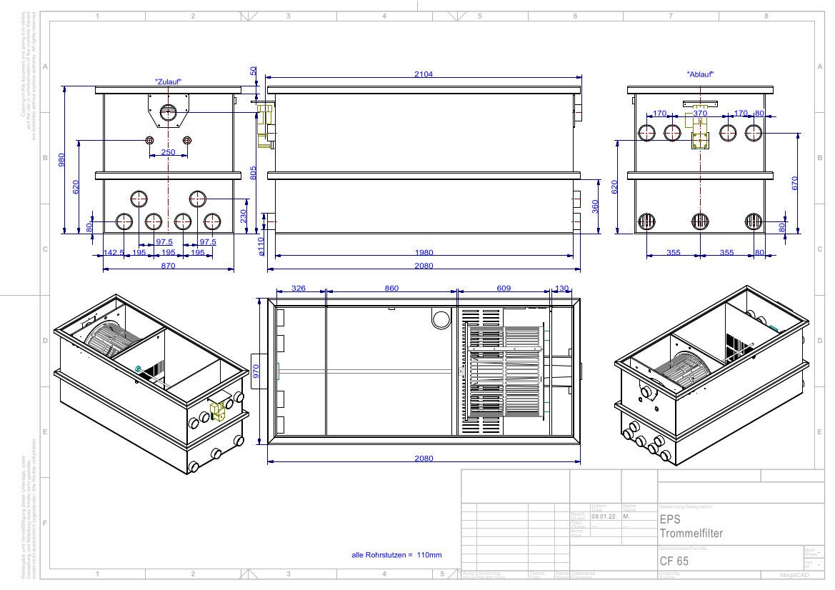 EPS Combi-Trommelfilter CF65 + integrierte Biokammer + integrierte Pumpenkammer + Rinnenspülung + Steuerung + Spülpumpe + UV-Schutz + Edelstahlsieb in Sandwichbauweise