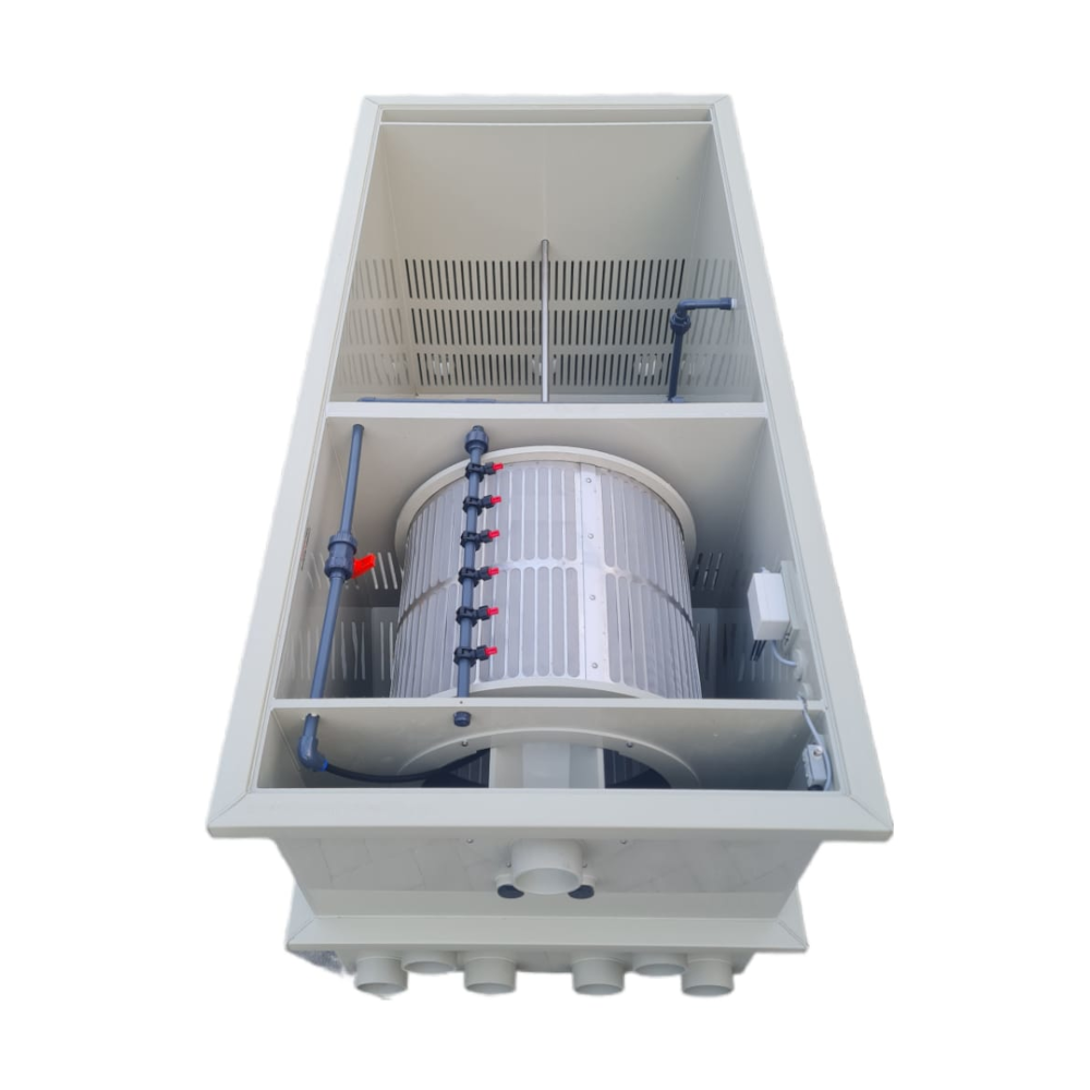 EPS Combi-Trommelfilter CL65 + integrierte Biokammer + Rinnenspülung + Steuerung + Spülpumpe + UV-Schutz + Edelstahlsieb in Sandwichbauweise EPS Combi-Trommelfilter CL65 + integrierte Biokammer + Rinnenspülung + Steuerung + Spülpumpe + UV-Schutz + Edelstahlsieb in Sandwichbauweise